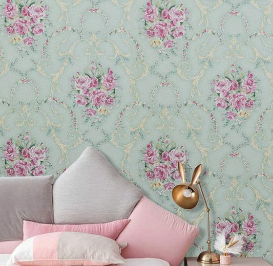 Green / Pink Floral Wallpaper