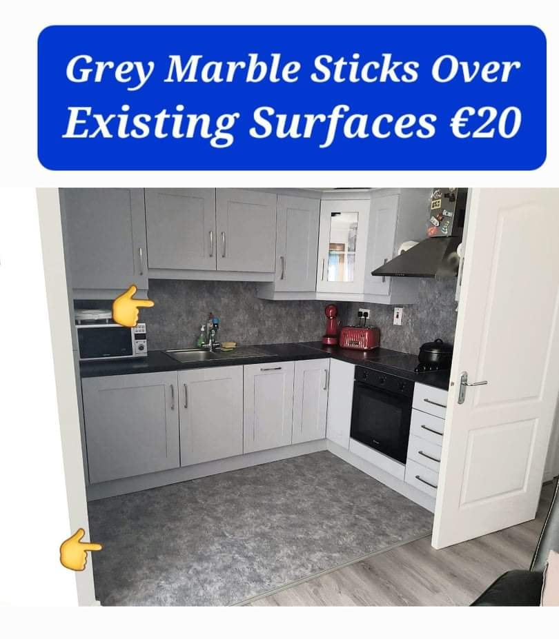 Grey Marble Stick On Rolls. On the Backsplash & over Existing floor.. another Happy Customer
