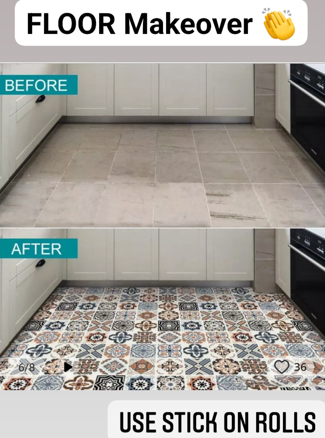 Mosaic Tile Stick On Roll over Existing Floor 50% Off