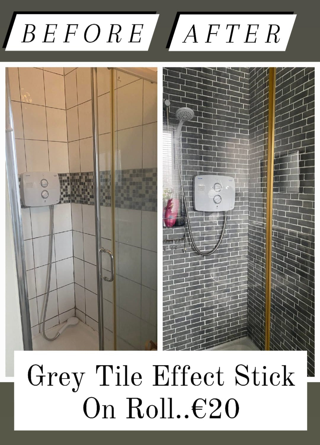 GREY TILE Water Proof Bathroom / Shower Stick on Roll