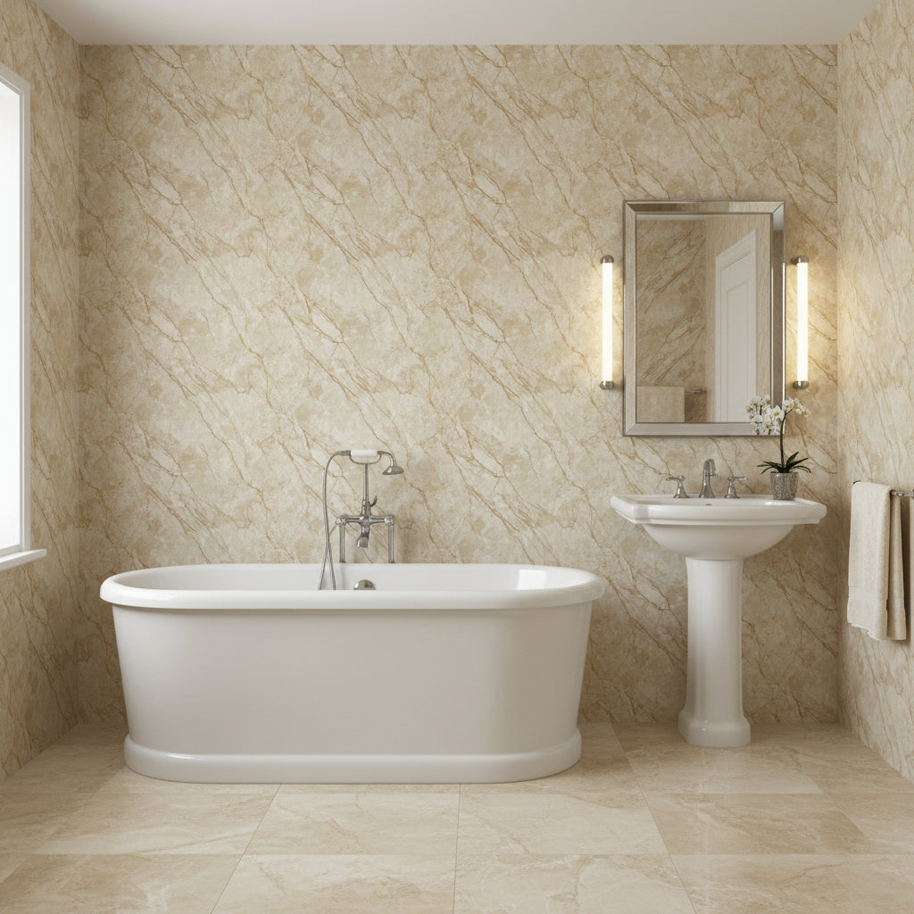 Beige marble gloss extra wide roll from Budget Interiors, smooth and shiny marble-patterned surface for interior decor.