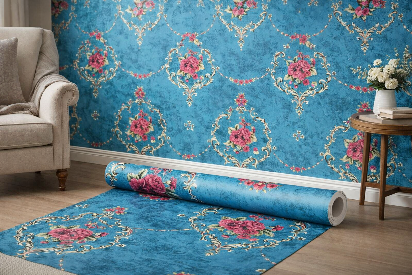 Vintage floral wallpaper by Budget Interiors featuring intricate flower patterns in soft, muted colors.