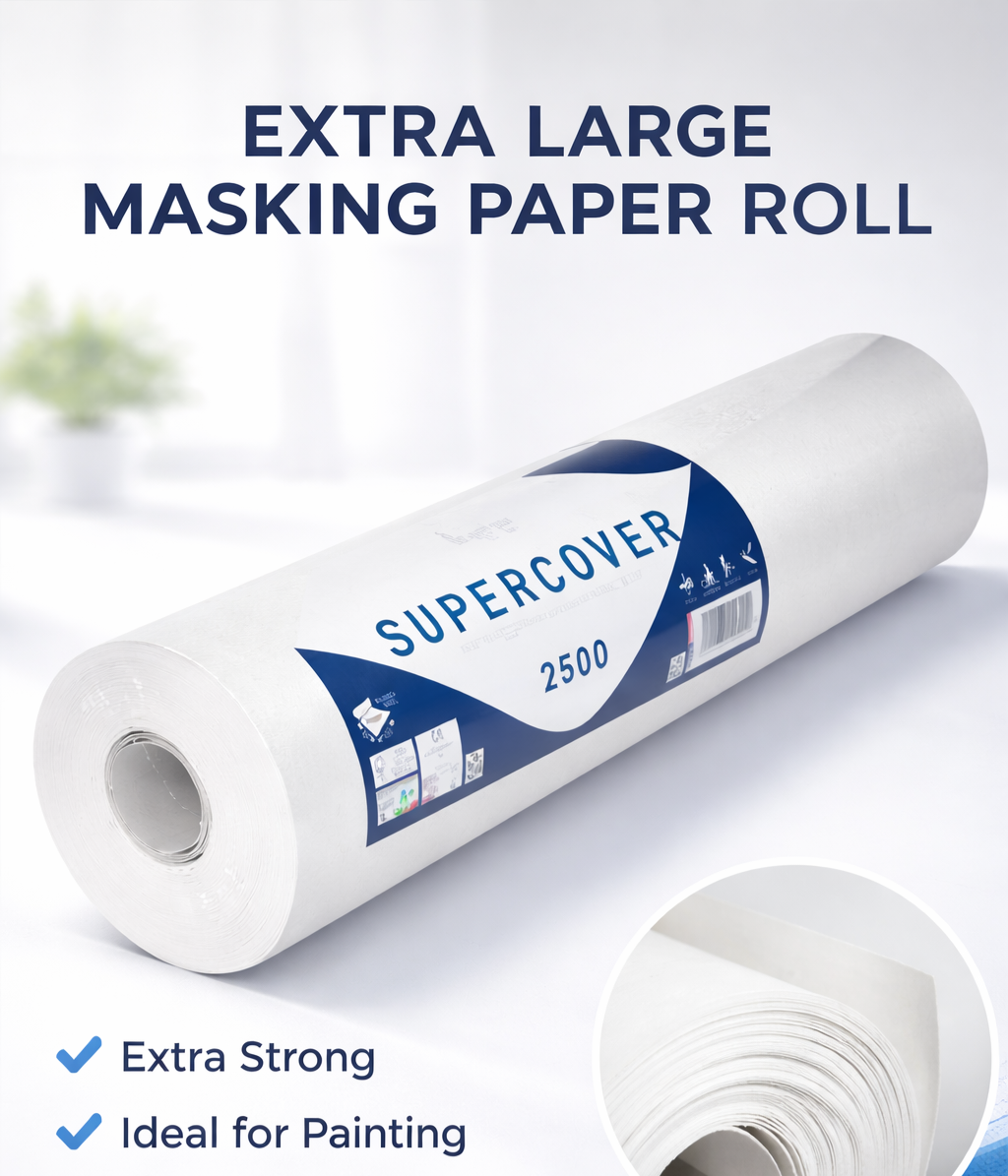 Roll of lining paper by Budget Interiors, showing smooth, white wallpaper lining for interior wall preparation.