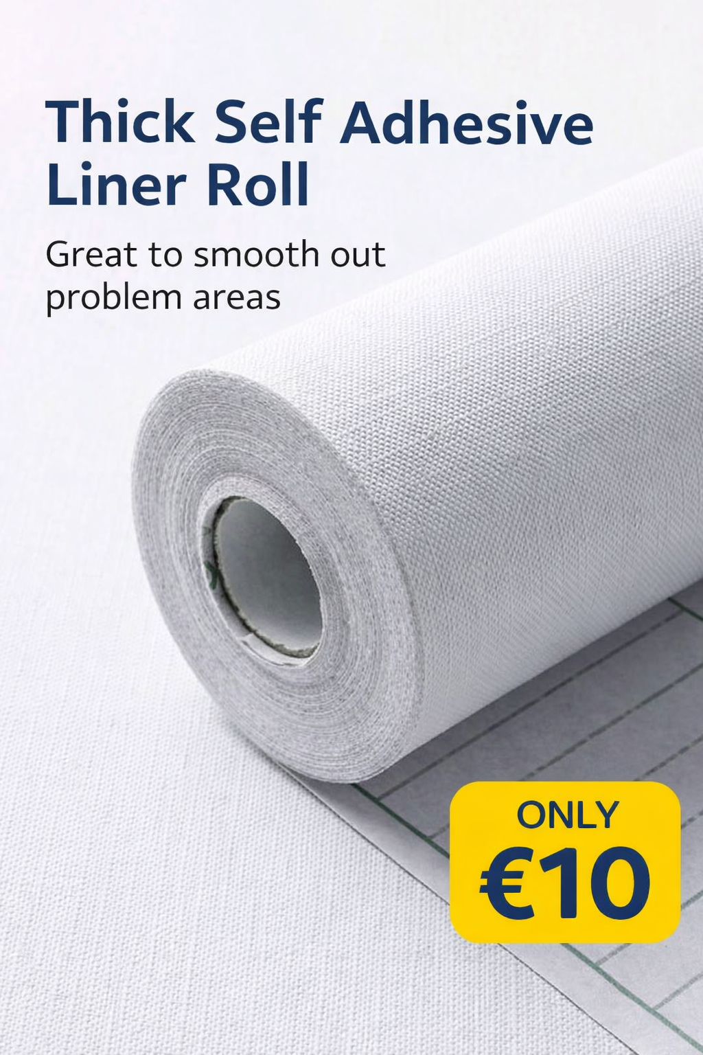 White liner self-adhesive thick roll by Budget Interiors, showcasing smooth texture and strong adhesive backing.