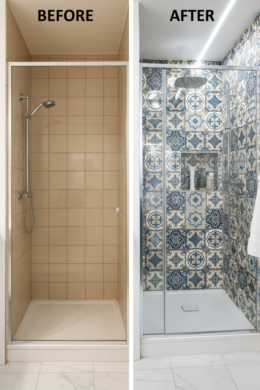 Green / Beige Gloss Mosaic Tile Effect Self-Adhesive Roll