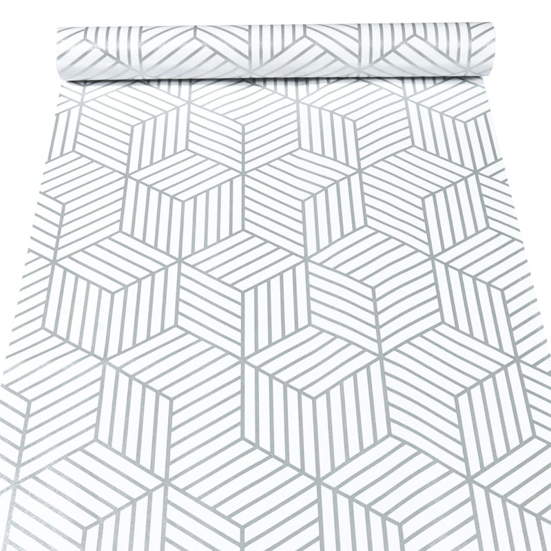 White and silver metallic self-adhesive wallpaper from Budget Interiors showing a sleek, reflective surface with a modern metallic finish.