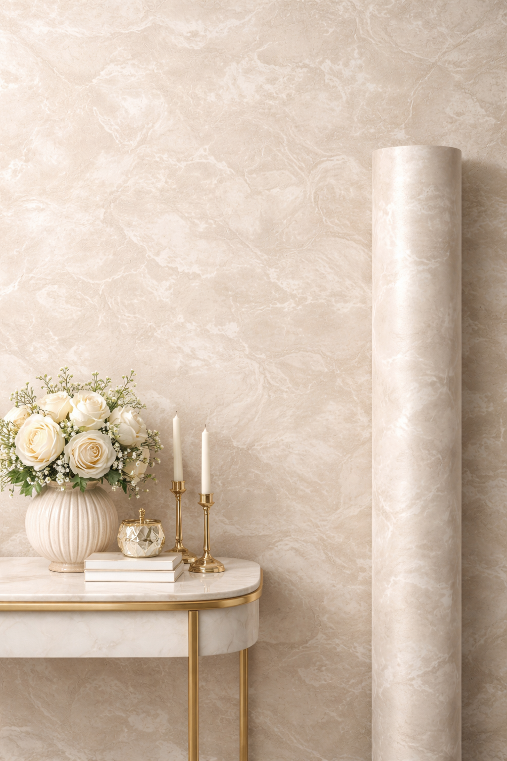 Beige and cream luxurious fabric roll from Budget Interiors, 10 meters long, with elegant woven texture and soft finish.