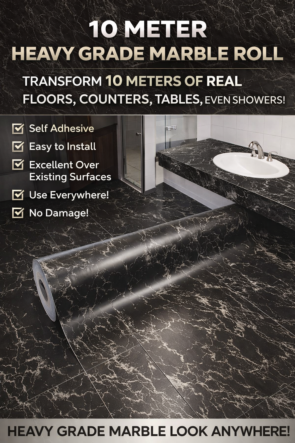 Black marble roll from Budget Interiors, heavier grade and five times thicker, 10 meters long for durable marble surface applications.