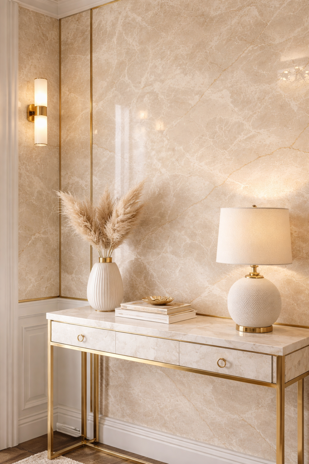 Beige marble gloss finish 5-meter length from Budget Interiors, showing a smooth, polished marble surface with subtle veining.