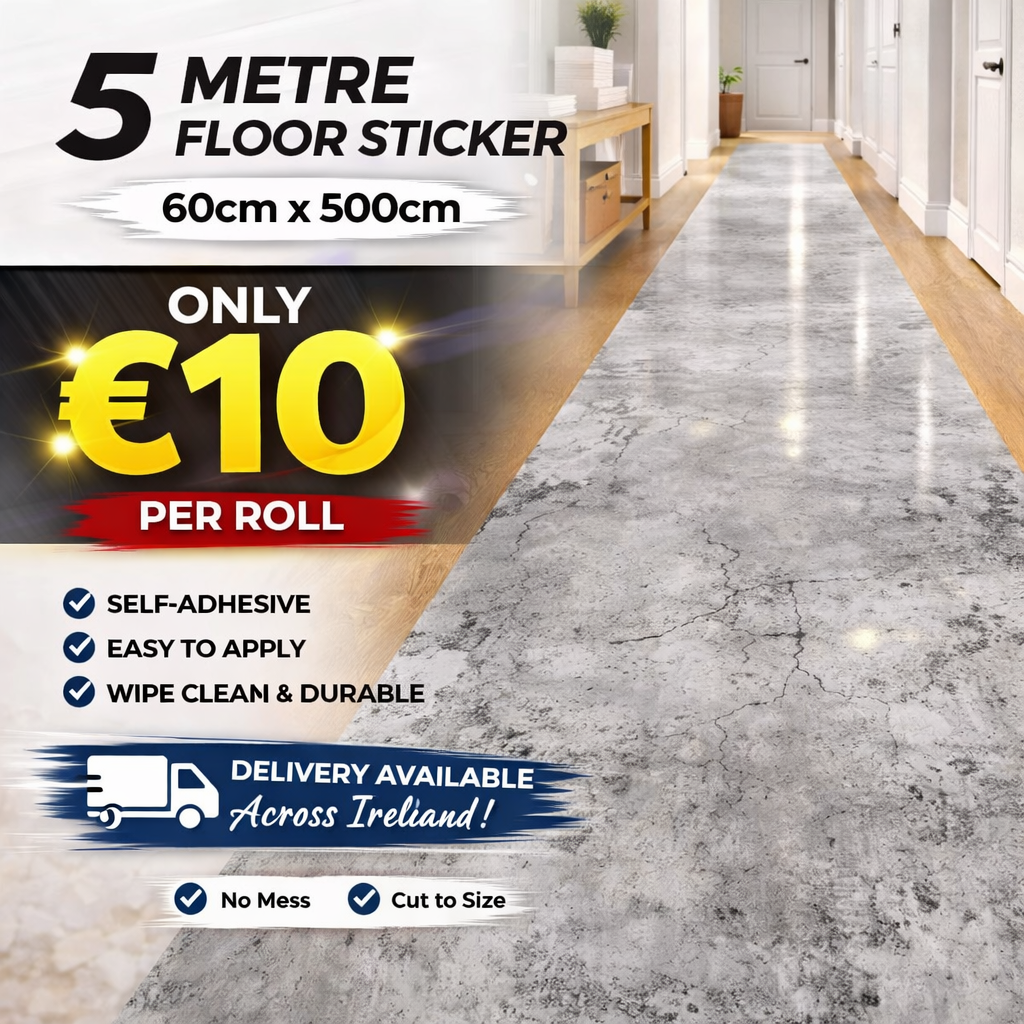 Grey concrete floor sticker from Budget Interiors, 5 metres long, showing realistic concrete texture for interior flooring decor.
