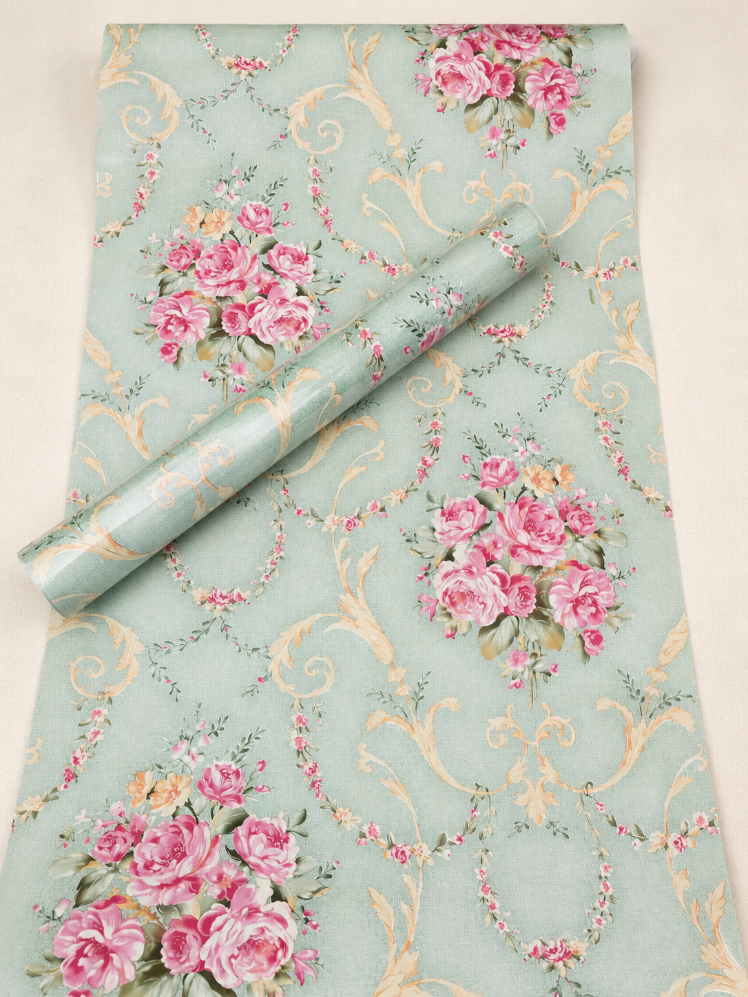 Floral self-adhesive wallpaper roll by Budget Interiors featuring colorful floral pattern for home decor and wall accents.