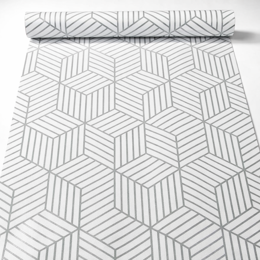 White / Silver Geometric Wallpaper - Budget Interiors