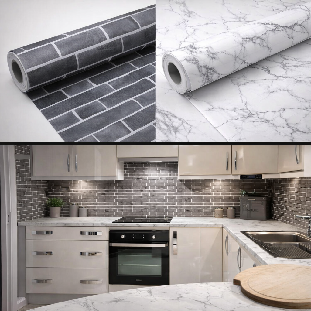 "Twin Pk" Grey Tile & Marble Counters Stick on Rolls