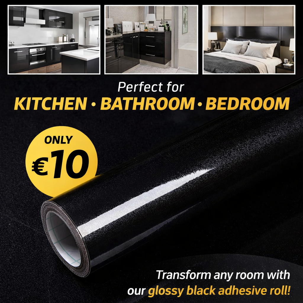 Black gloss roll from Budget Interiors, 60cm by 500cm, showing the shiny, smooth surface suitable for interior wall or surface finishing.