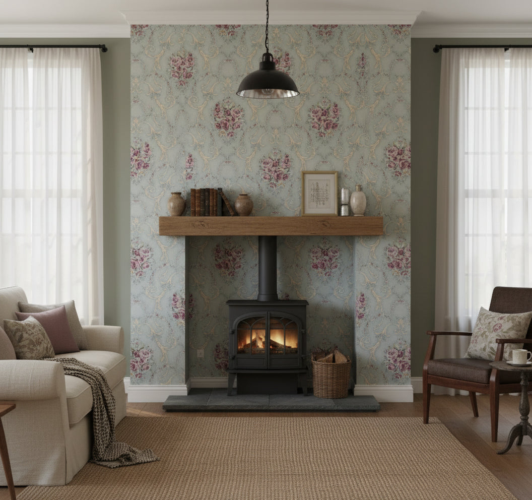 Green / Pink Floral Wallpaper