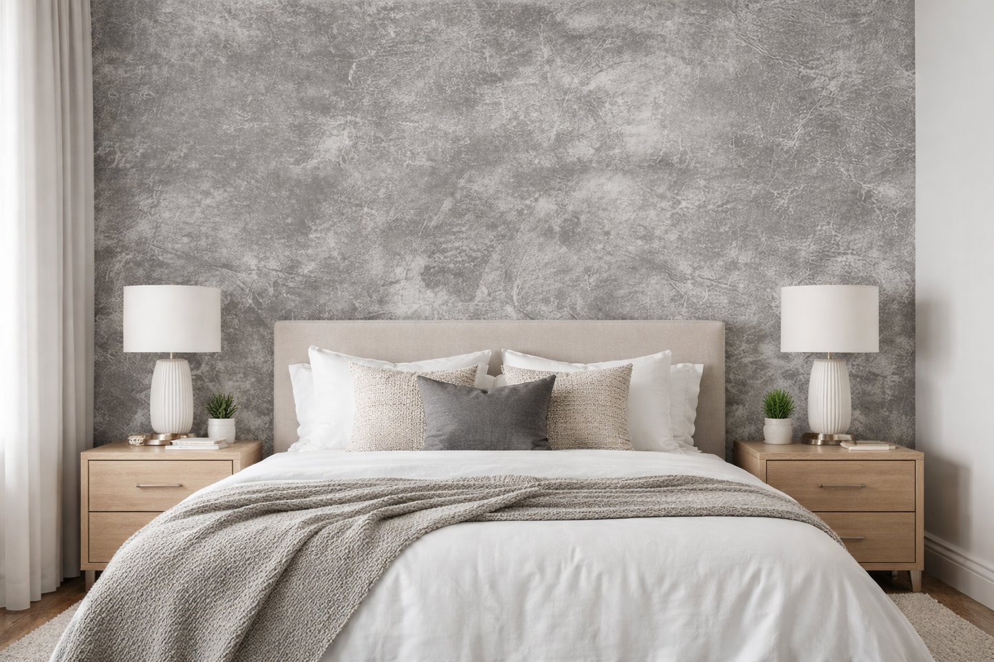 Gray marble wallpaper roll from Budget Interiors, 10 meters long, showcasing a smooth, elegant marble pattern for interior decorating.