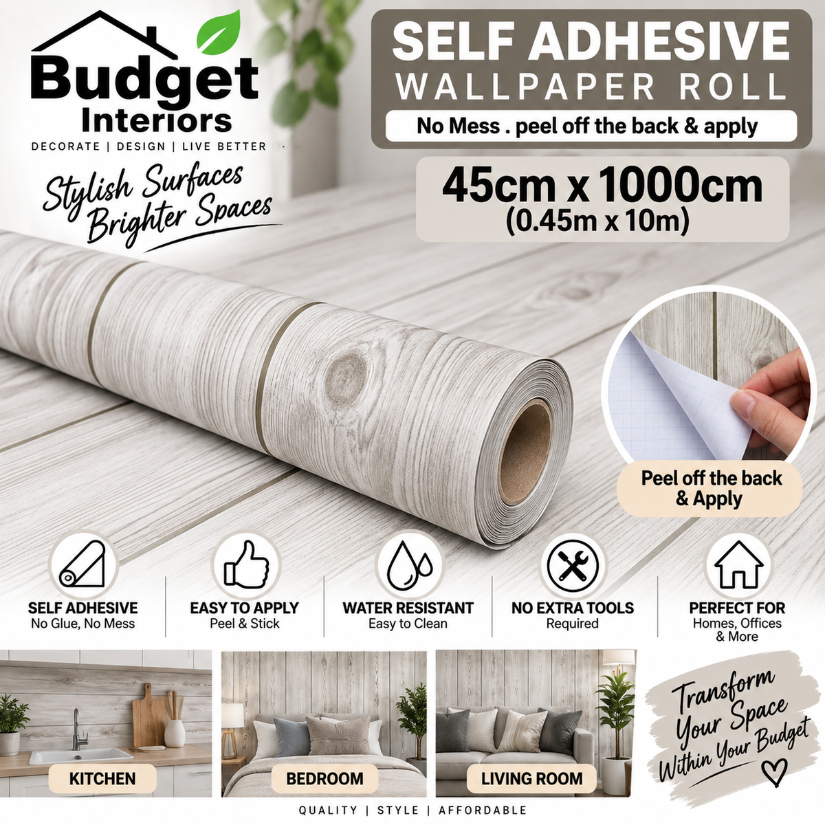 Grey wood sample from Budget Interiors showcasing smooth, natural wood grain and modern grey finish for interior design projects.