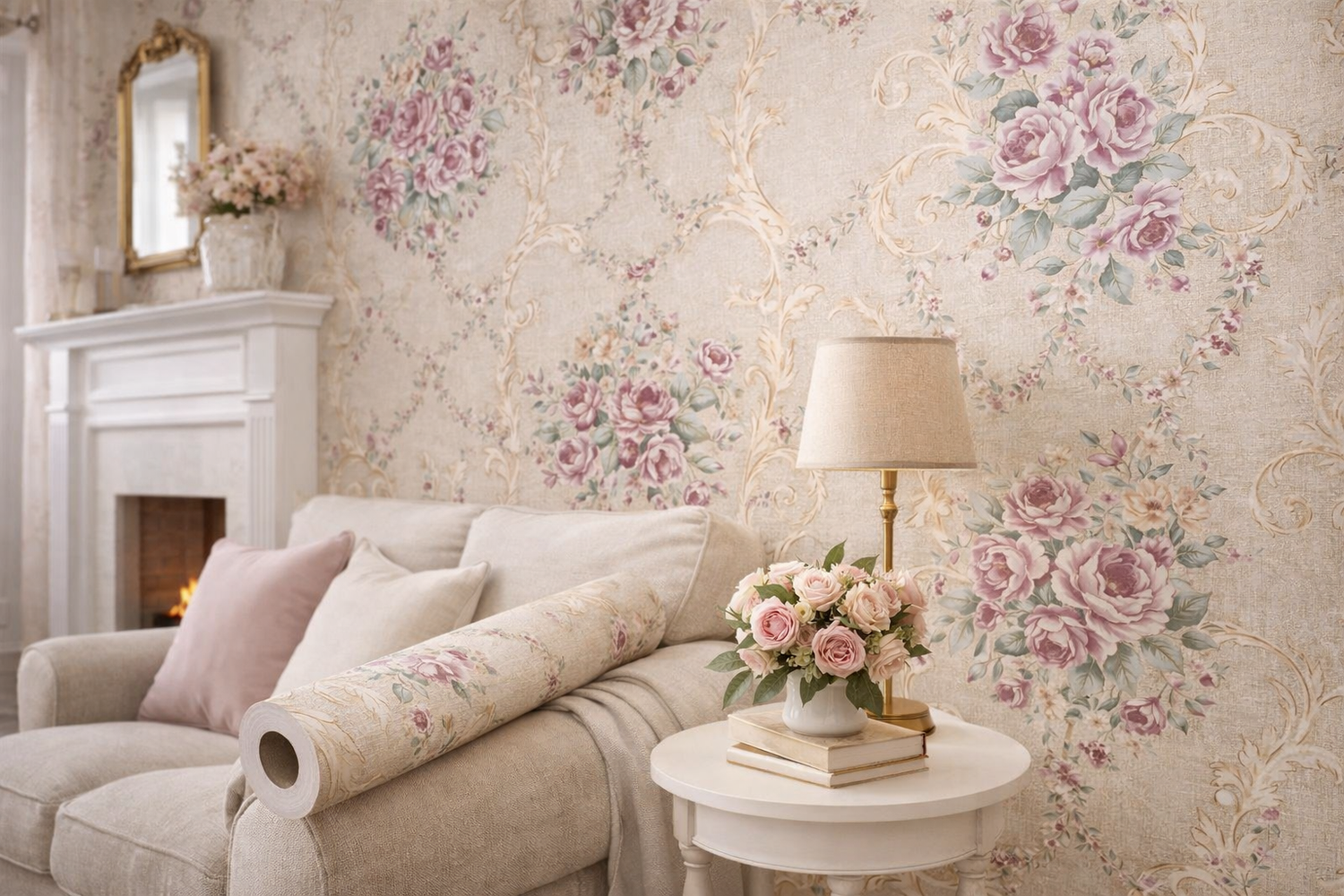 Beige / Pink Floral Wallpaper Self Adhesive
