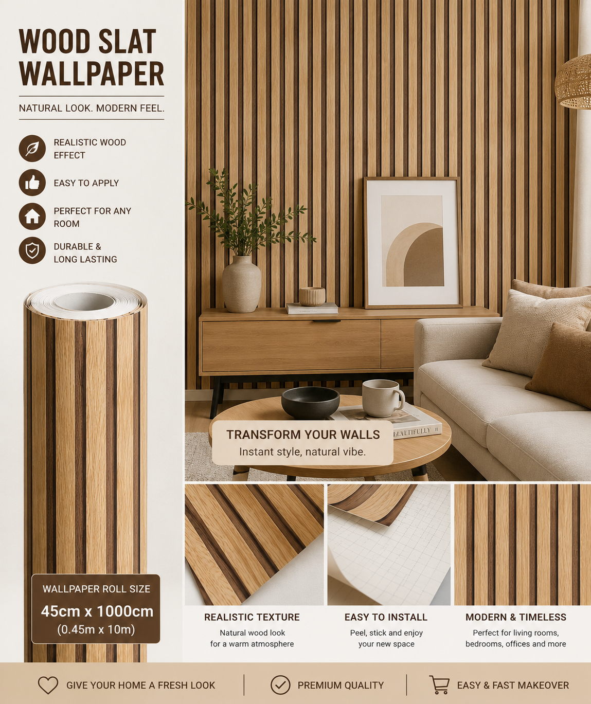 Accoustic Wood Style Stick On Wallpaper