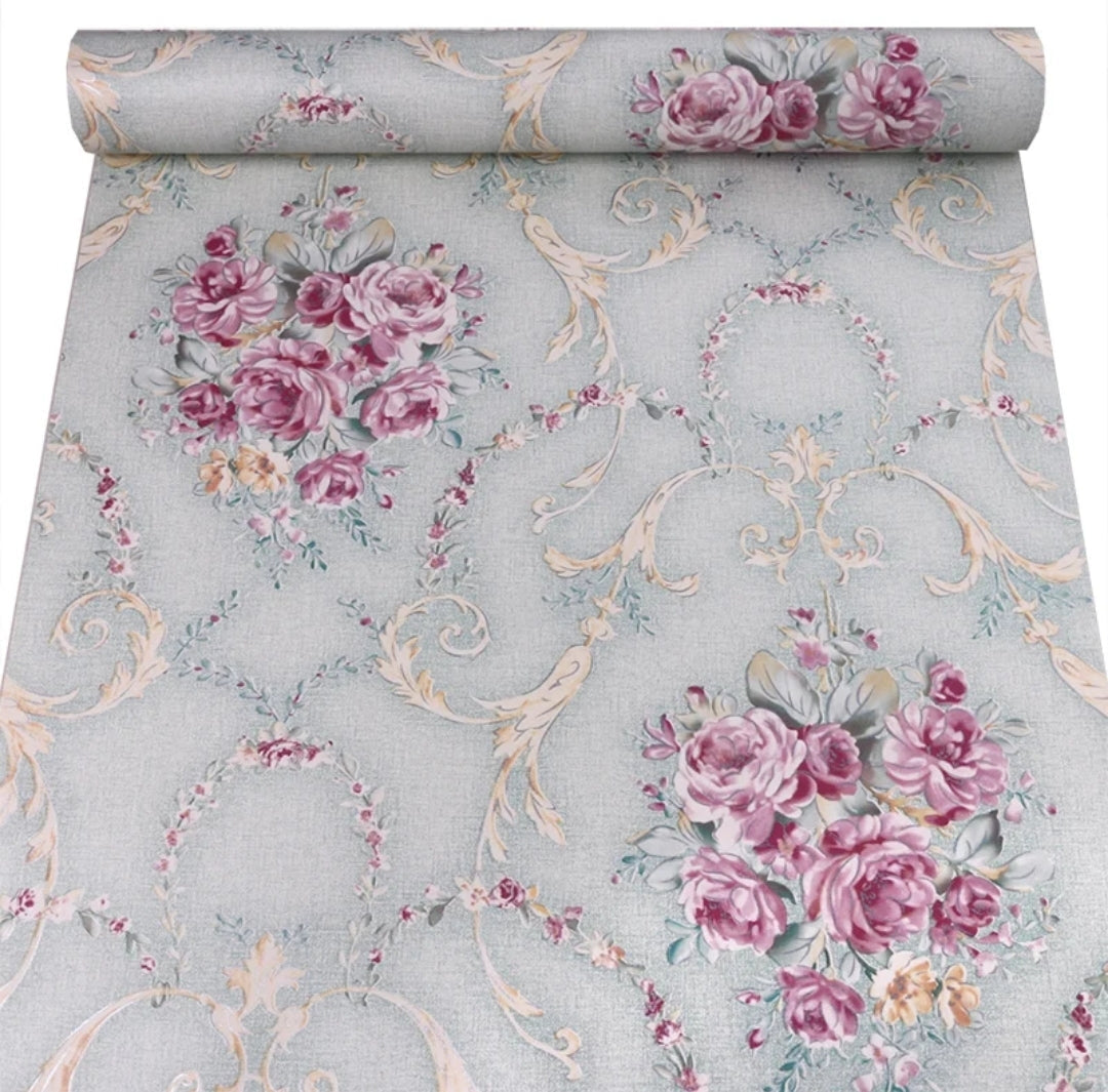Green / Pink Vintage Floral Effect Wallpaper