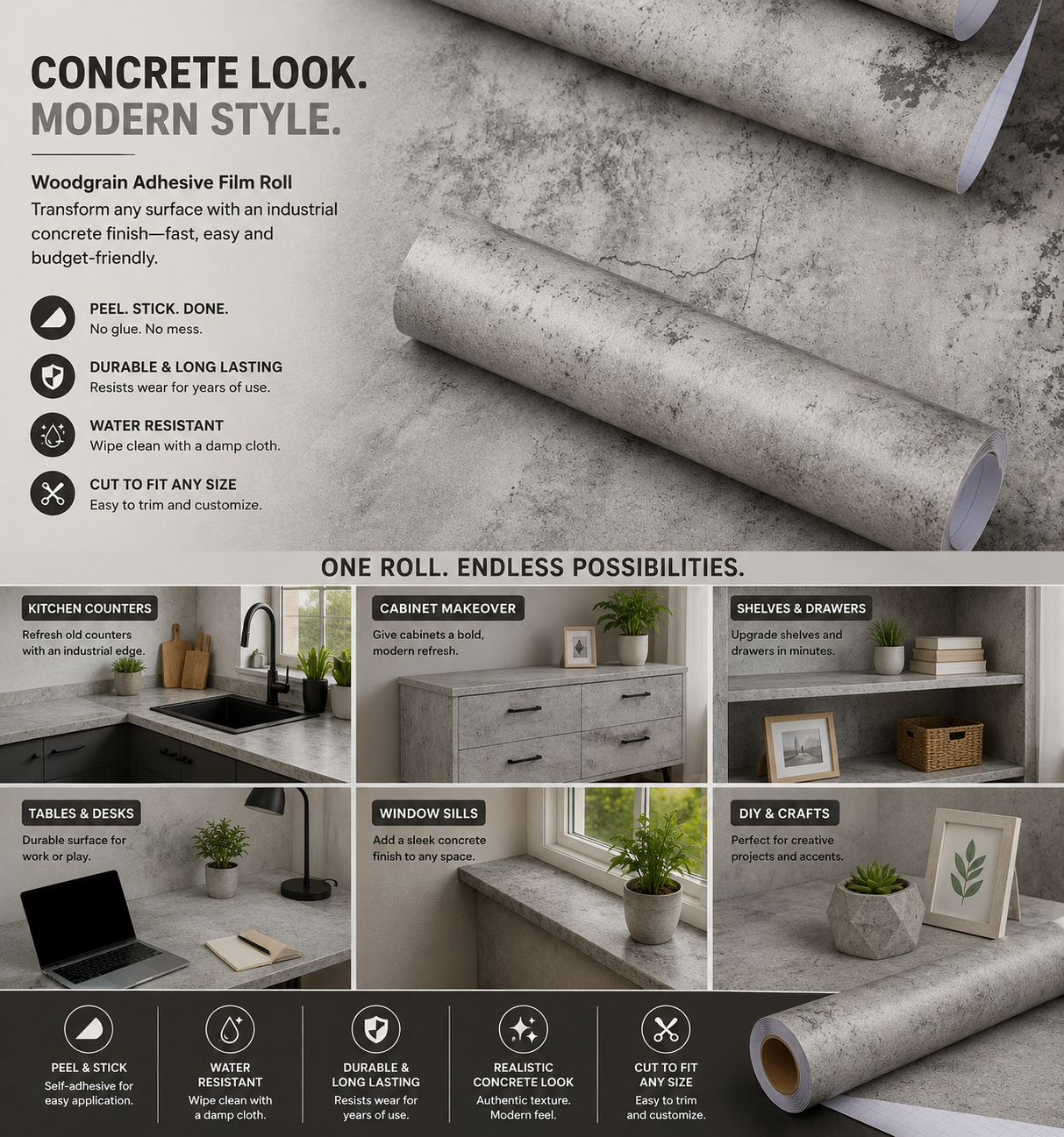 Grey Luxurious Concrete-Effect Self-Adhesive Roll