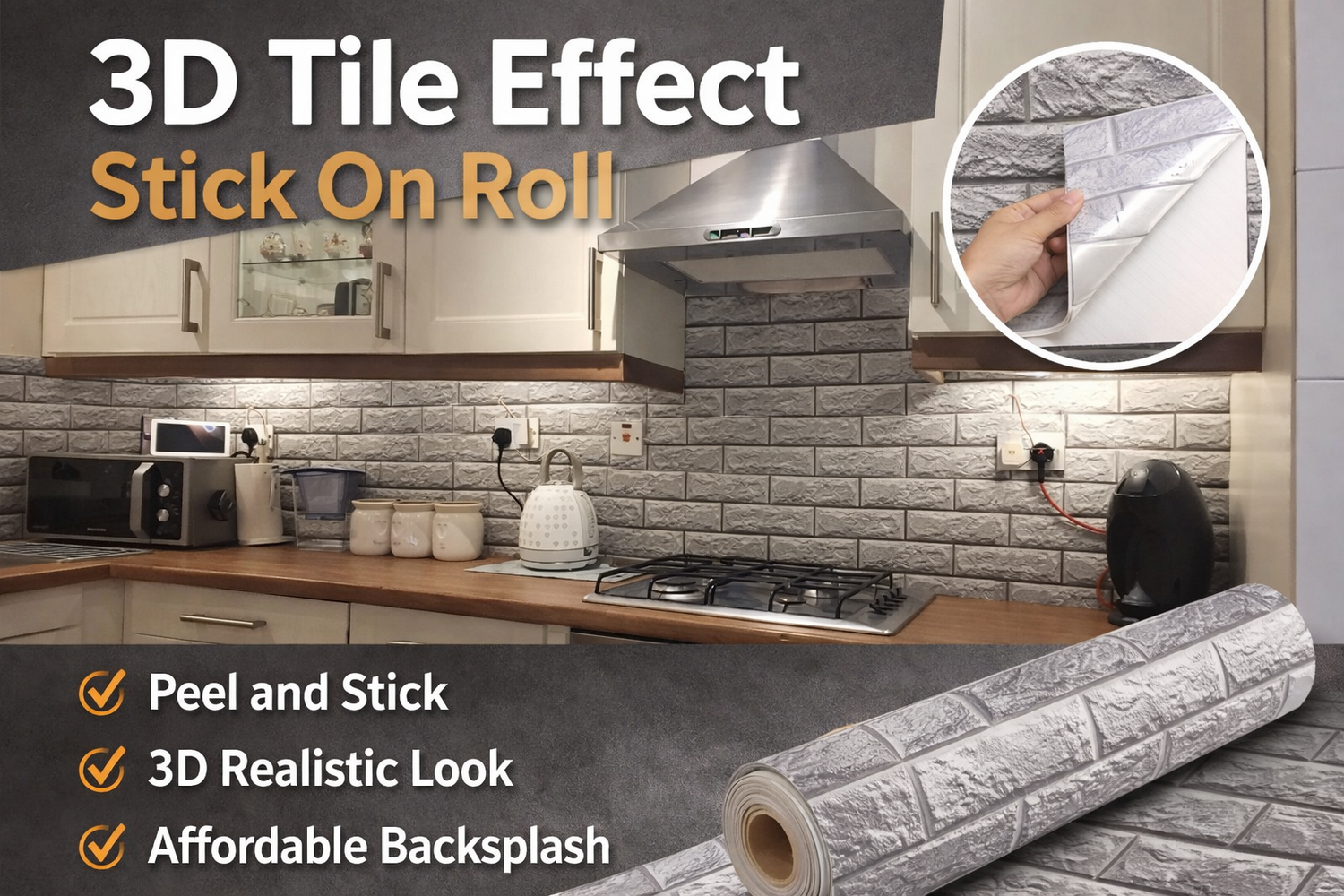 Grey 3D Tile Effect Stick On Roll