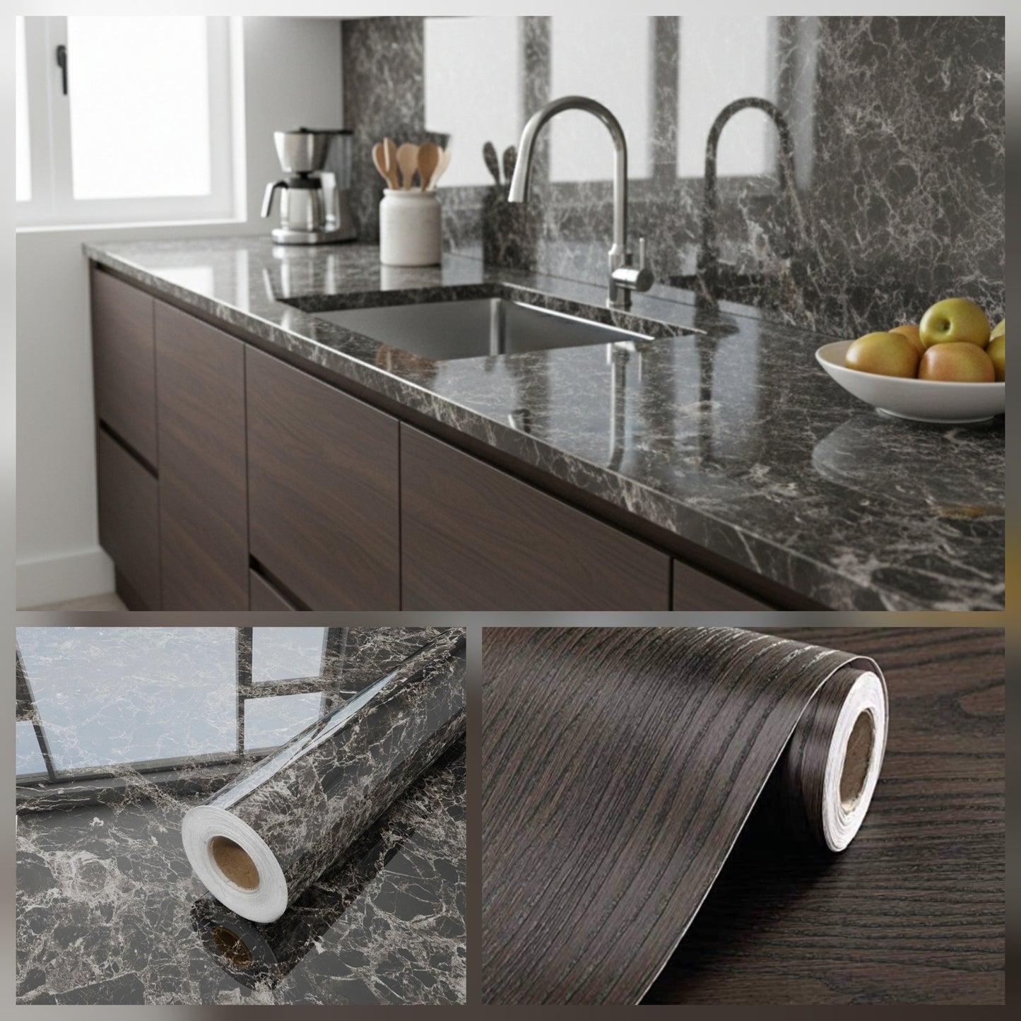 Twin Pk Deal .. Cabinet Wood Effect & Brown Gloss Marble