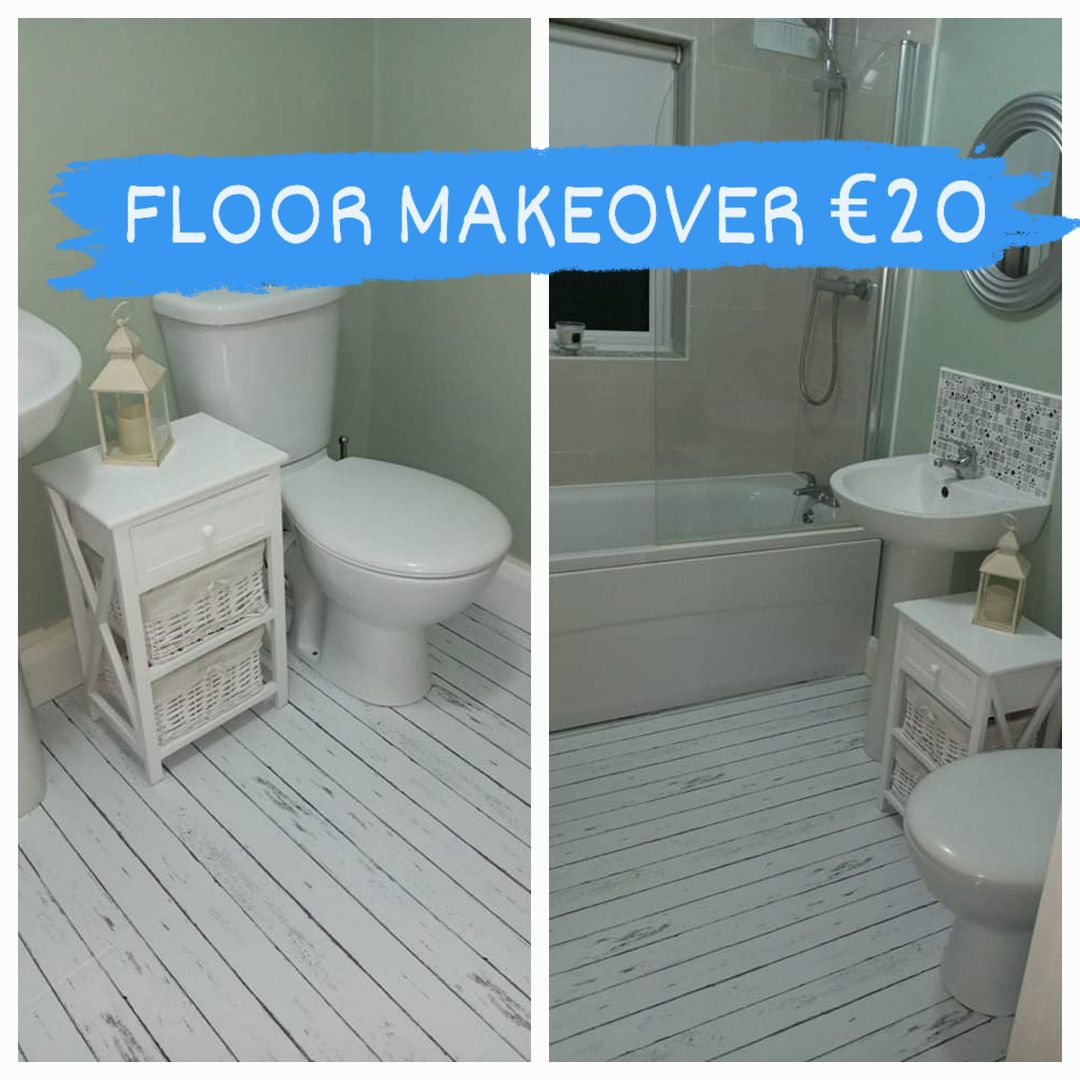 White Wood Vinyl Roll Over Existing Bathroom Floor ..AMAZING