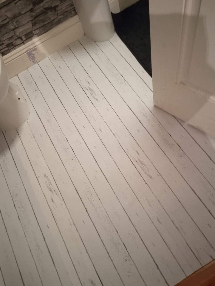 White Wood Vinyl Roll Over Existing Bathroom Floor ..AMAZING