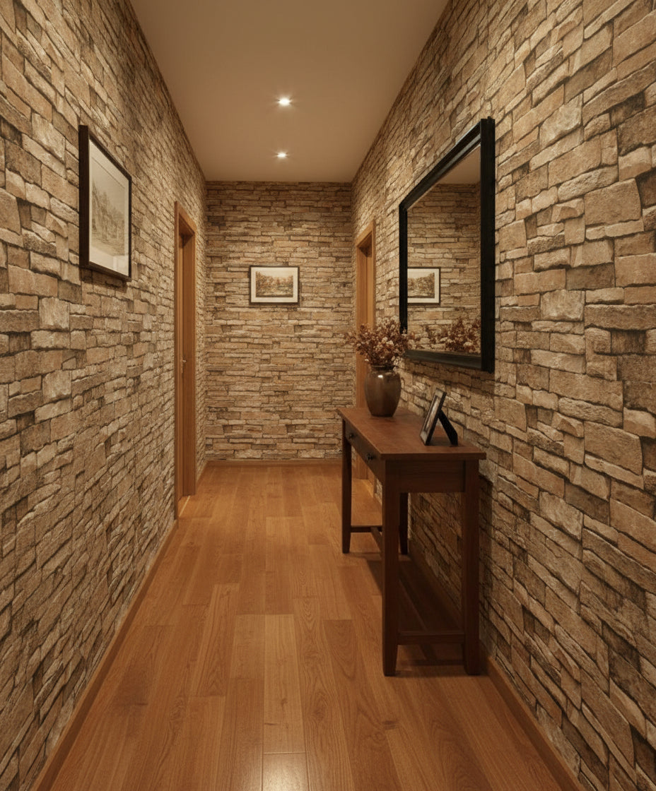 Brown 3d Stone Brick Effect Wallpaper