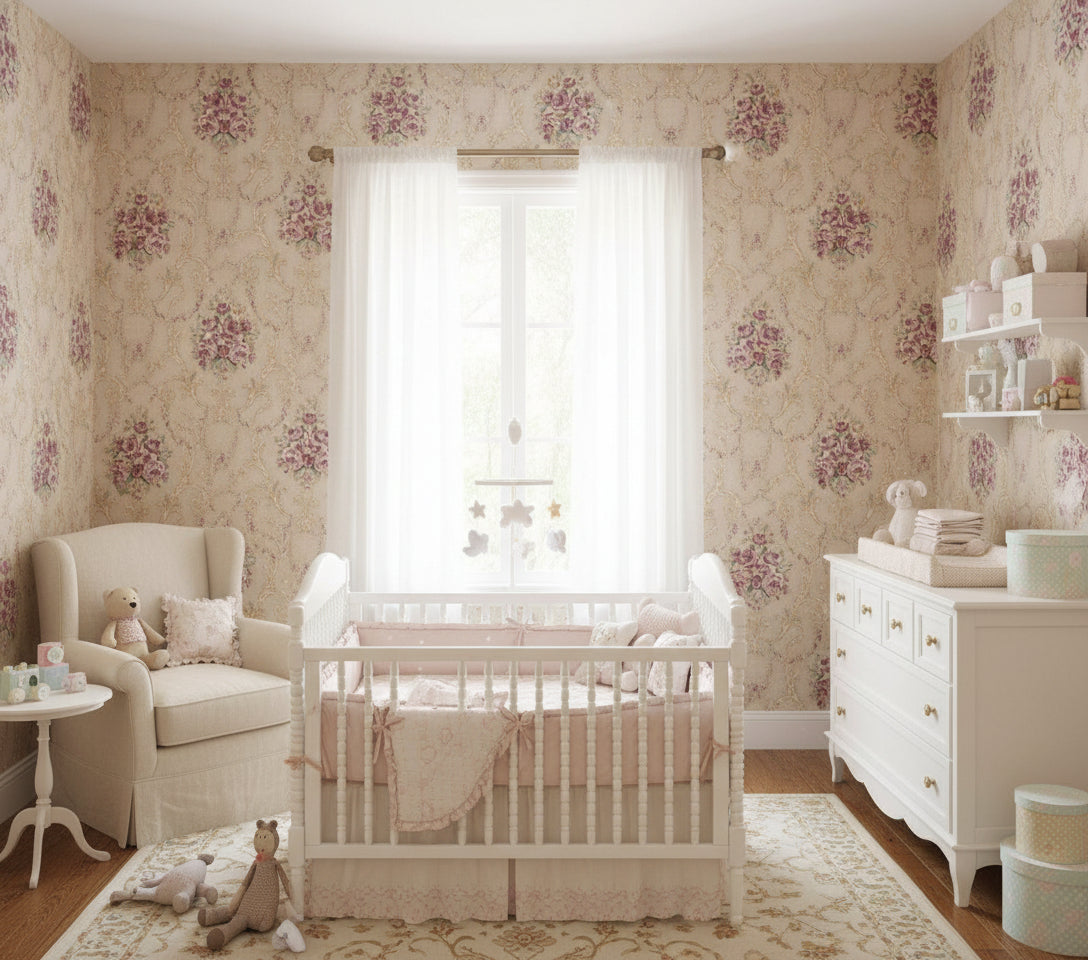 Beige & Pink Vintage Theme Floral Wallpaper