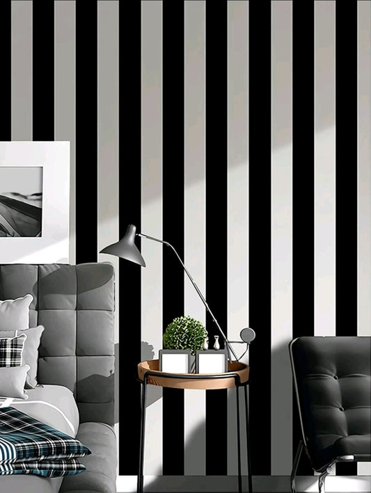 💥 PK OF  3  ROLLS -  Black & White Stripe Wallpaper