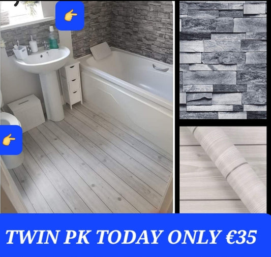 Brick Wall & Grey Wood Floor Stick On Rolls ..TWIN PK OFFER 2 rolls