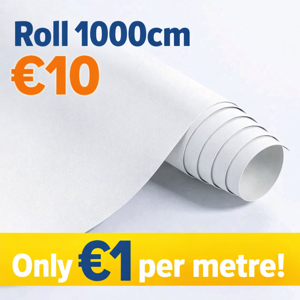 White matt self-adhesive roll by Budget Interiors, showcasing a smooth, textured surface ideal for home decor projects.