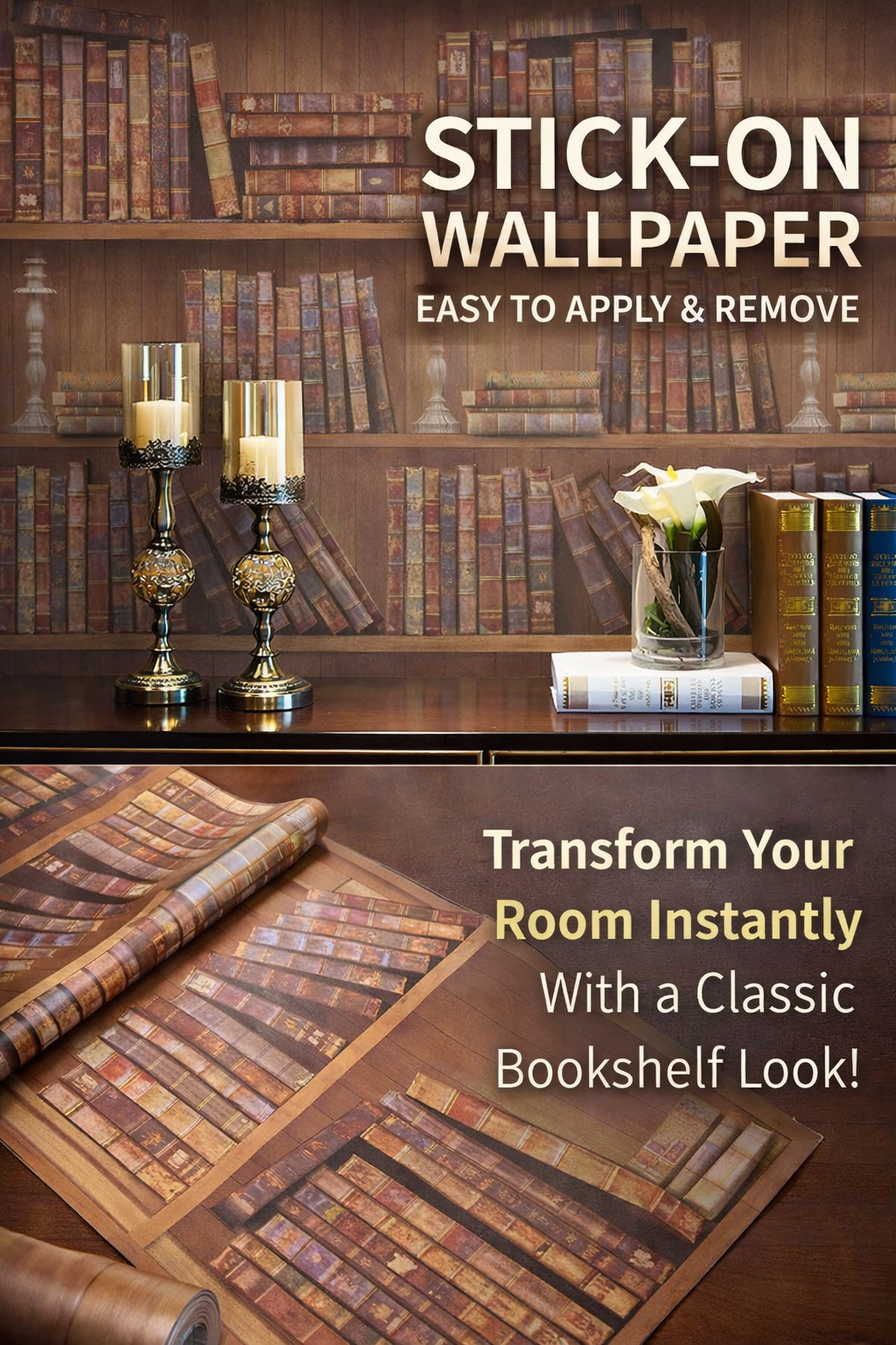 Bookshelf wallpaper by Budget Interiors featuring realistic book spines and a wood-textured background.