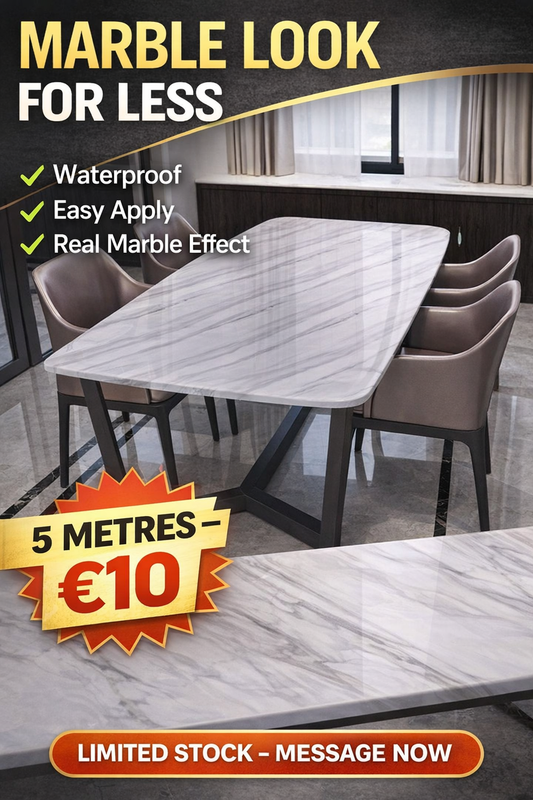 White marble realistic peel-and-stick wallpaper roll from Budget Interiors, 5 meters long, showing marble pattern and texture.