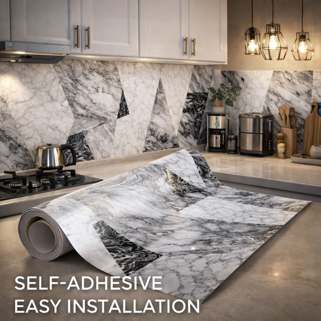 Self-adhesive marble wallpaper roll by Budget Interiors, featuring a modern white and gray marble pattern for home decor.