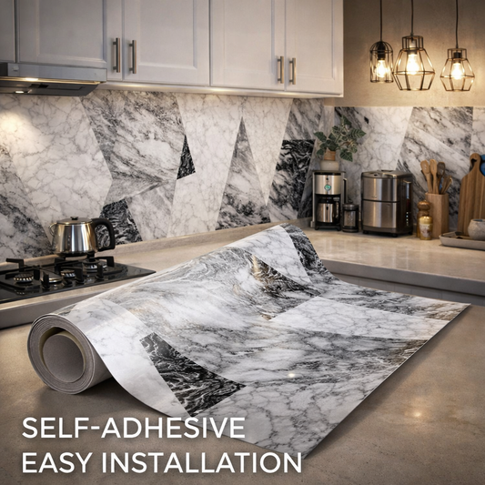 Self-adhesive marble wallpaper roll by Budget Interiors, featuring a modern white and gray marble pattern for home decor.