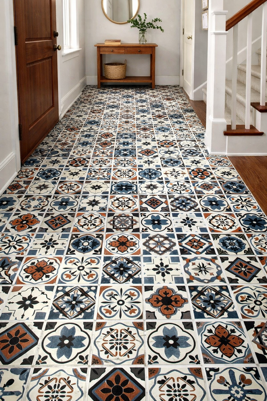 Moroccan-style stick-on roll, 5 meters long, from Budget Interiors, featuring intricate geometric patterns on a white background.