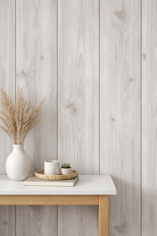 Grey wood wallpaper roll from Budget Interiors, 10 meters long, showcasing a textured, luxurious wood grain design.