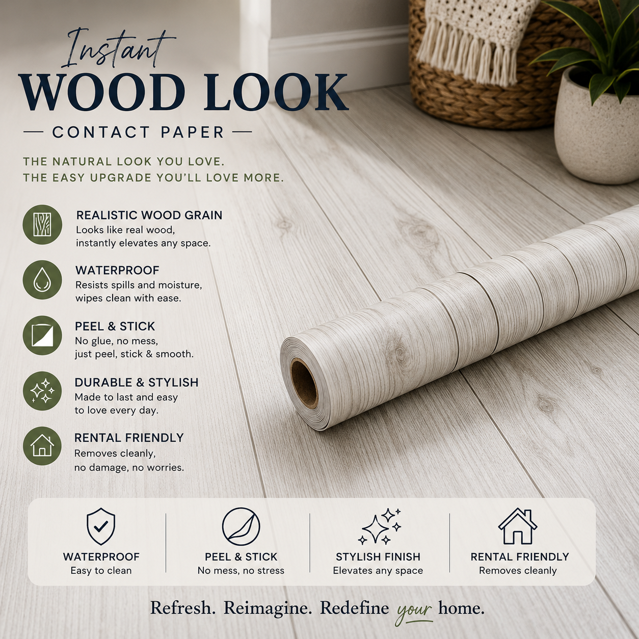 Grey wood laminate flooring planks from Budget Interiors, 10 meters long, showing a smooth, textured wood grain surface.