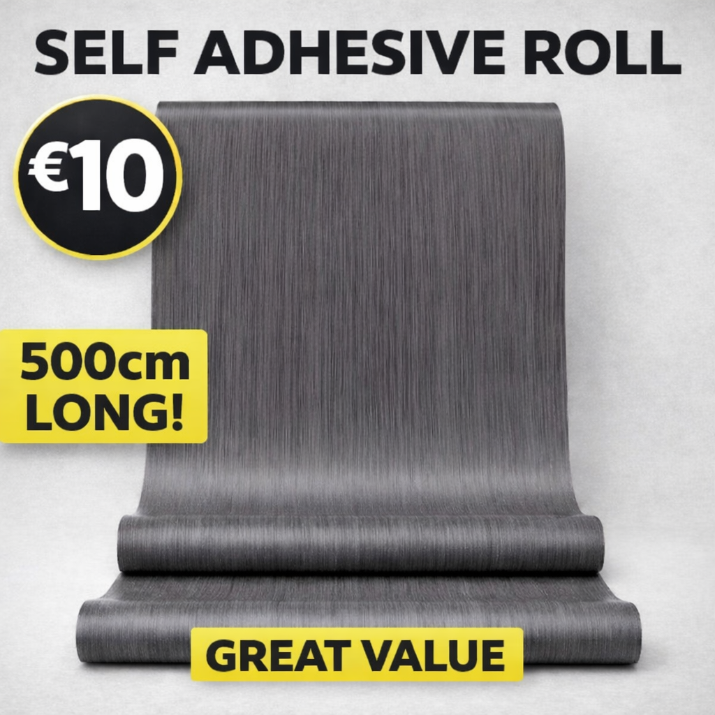 Dark wood self-adhesive roll from Budget Interiors, showcasing rich brown texture and grain patterns on a flat surface.