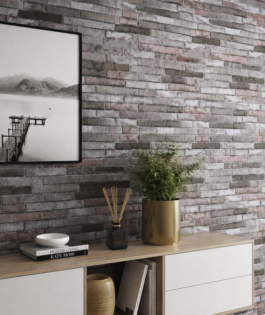 Mix Brick Wallpaper by Budget Interiors featuring a realistic brick pattern in neutral tones for stylish interior decor.