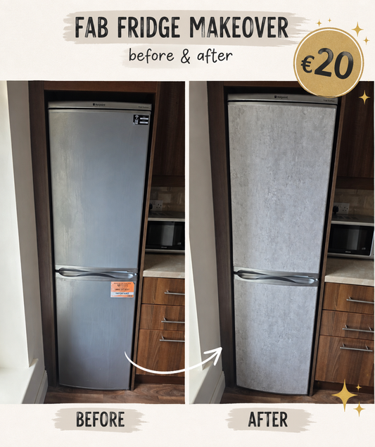 Grey fridge self-adhesive roll by Budget Interiors, showing a close-up of the textured adhesive surface for easy kitchen appliance decor.