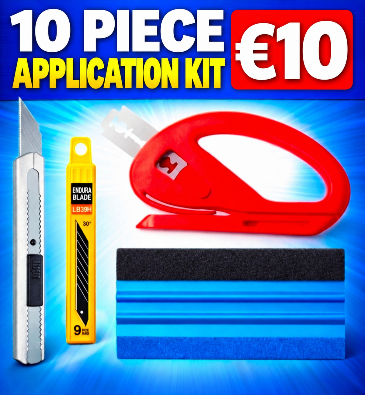Budget Interiors 10-piece application kit with brushes and tools for painting and decorating projects.