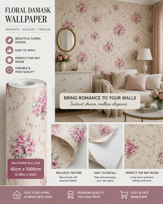 Beige and pink vintage floral wallpaper by Budget Interiors with classic floral pattern perfect for interior decor.