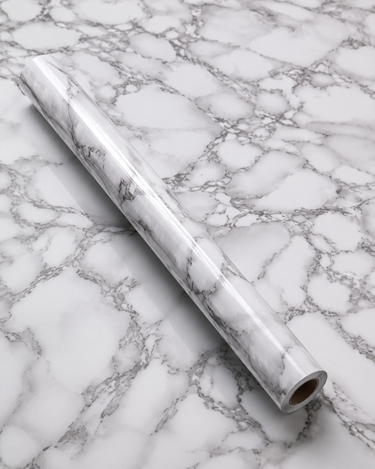 White and grey marble waterproof wallpaper roll by Budget Interiors, showcasing a large decorative marble pattern for walls.