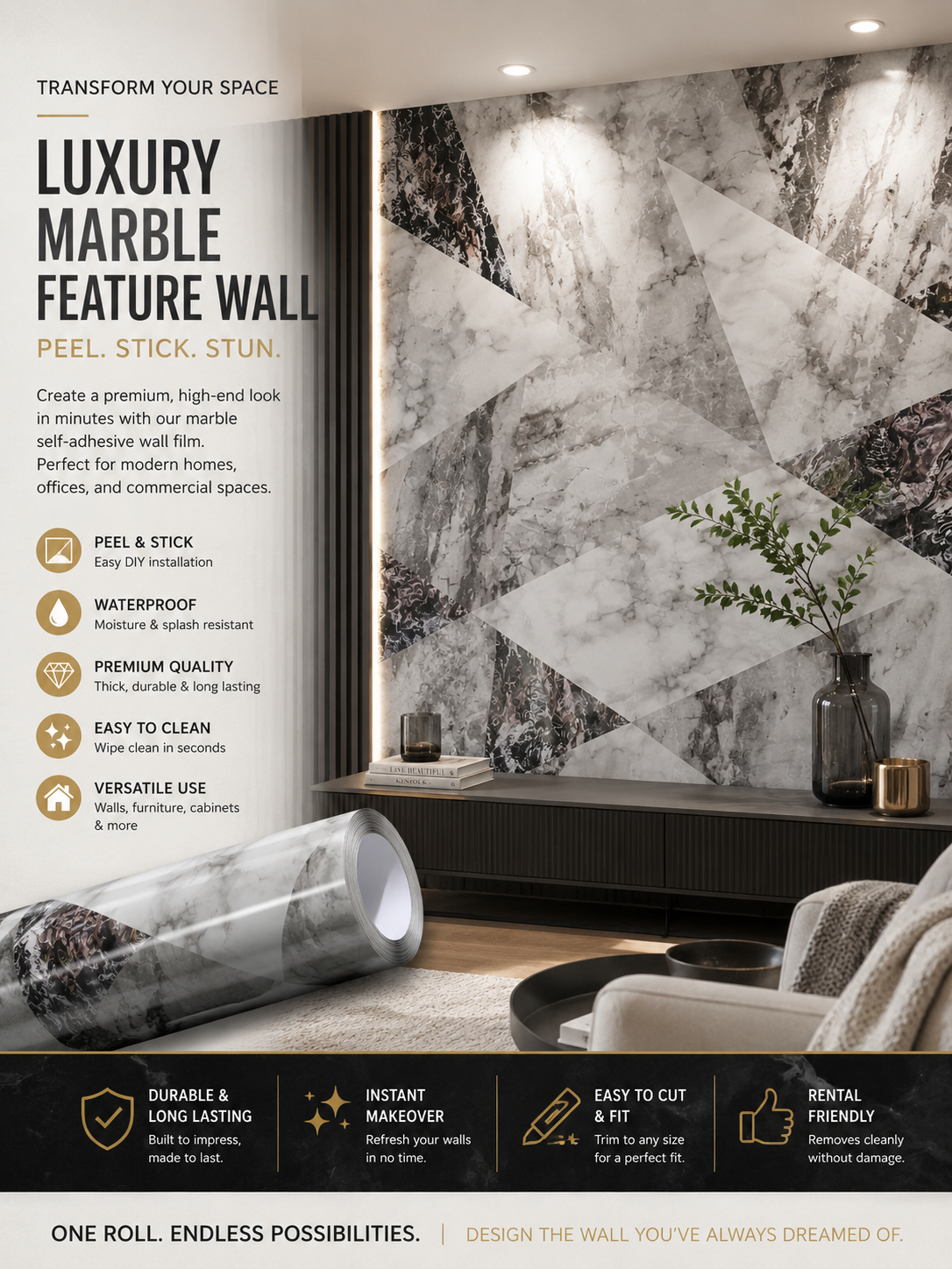 Marble self-adhesive roll by Budget Interiors, featuring realistic marble pattern ideal for home decor and surface accents.