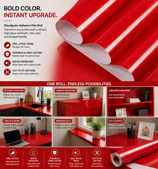 Red gloss wall panel measuring 60cm by 500cm from Budget Interiors, with a shiny, smooth surface and vibrant red color.