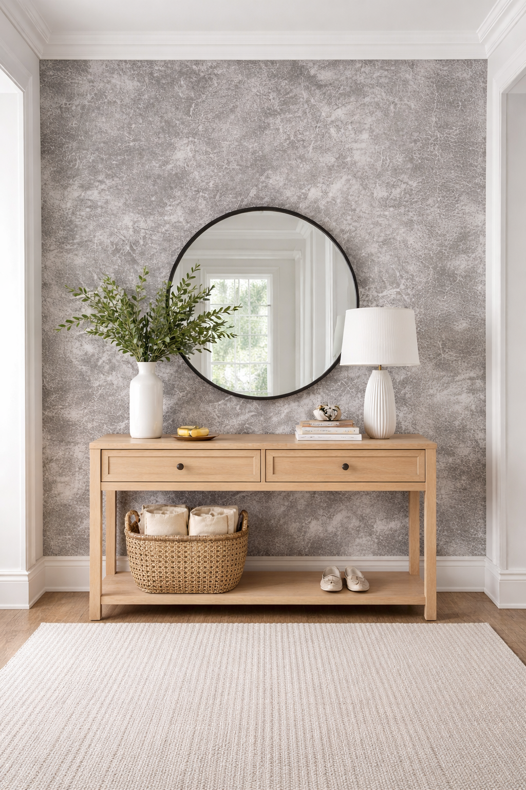 Grey marble wallpaper roll from Budget Interiors, showing textured marble pattern suitable for interior wall decoration.